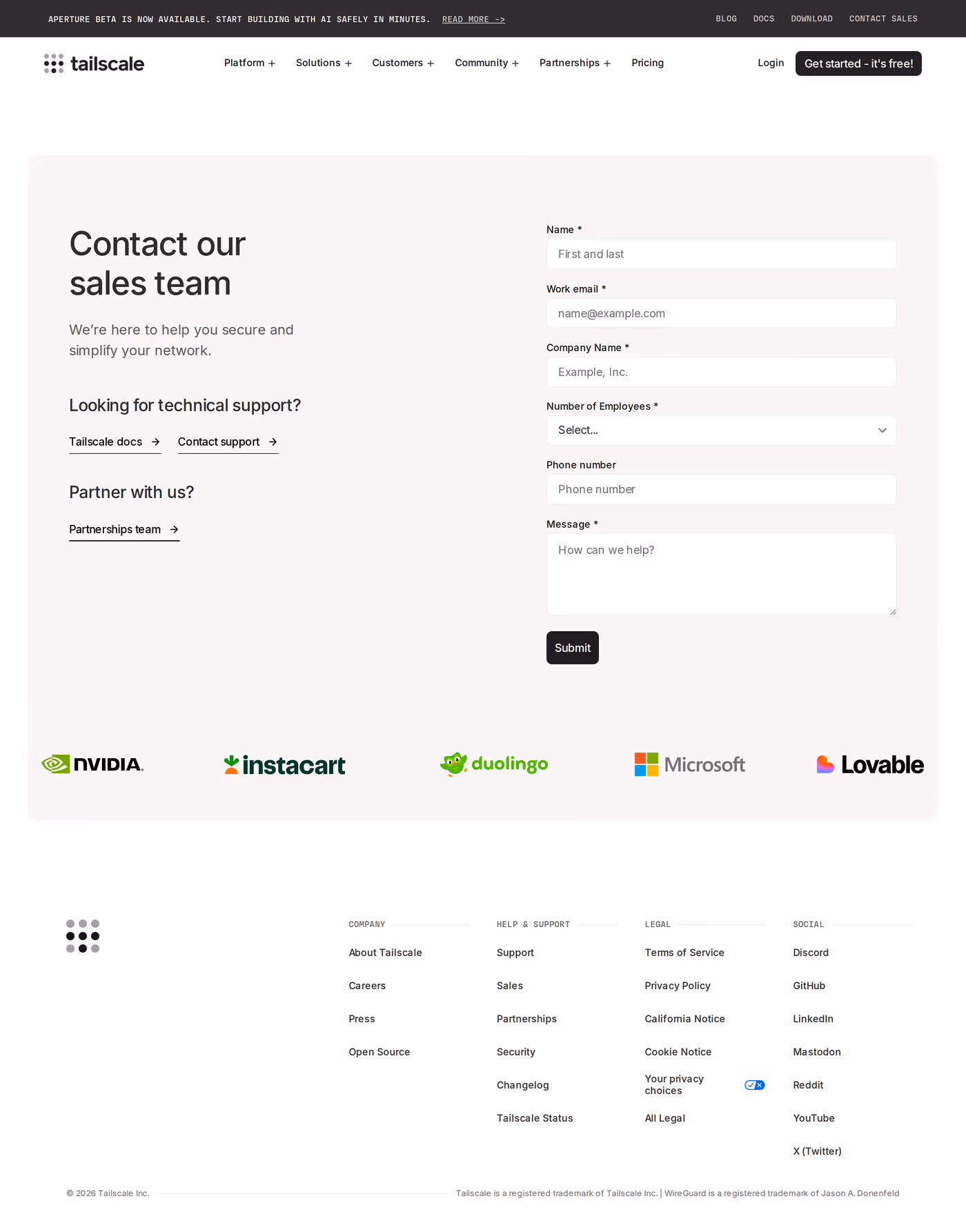 Tailscale contact page