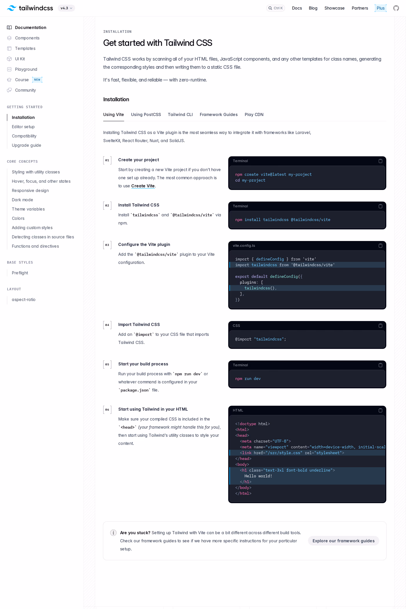 Tailwind CSS docs page