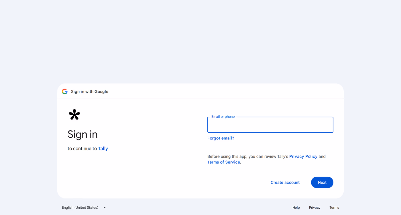 Tally login page
