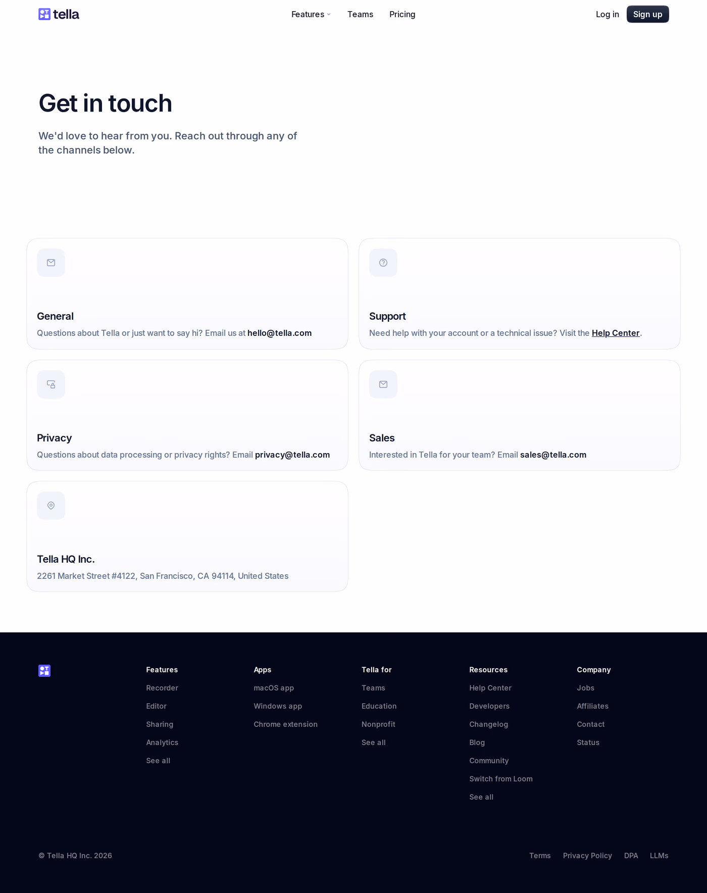 Tella contact page