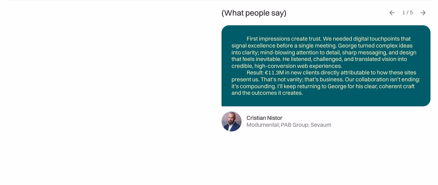 George Badea — screenshot of the testimonials section