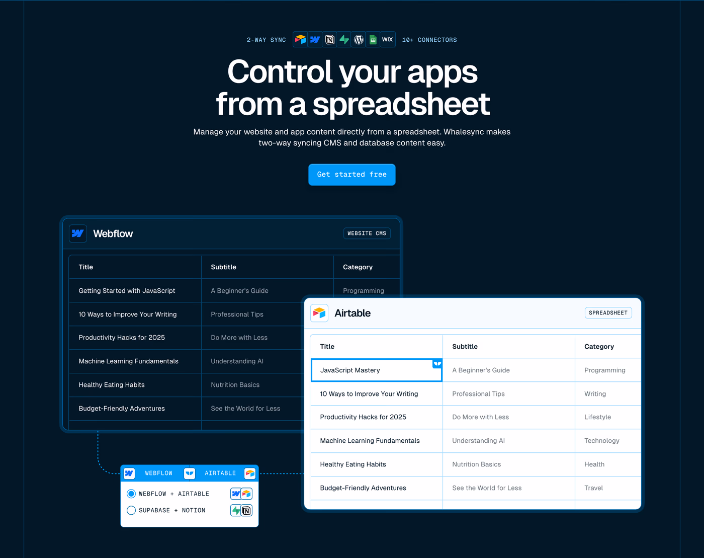 Whalesync — screenshot of the hero section