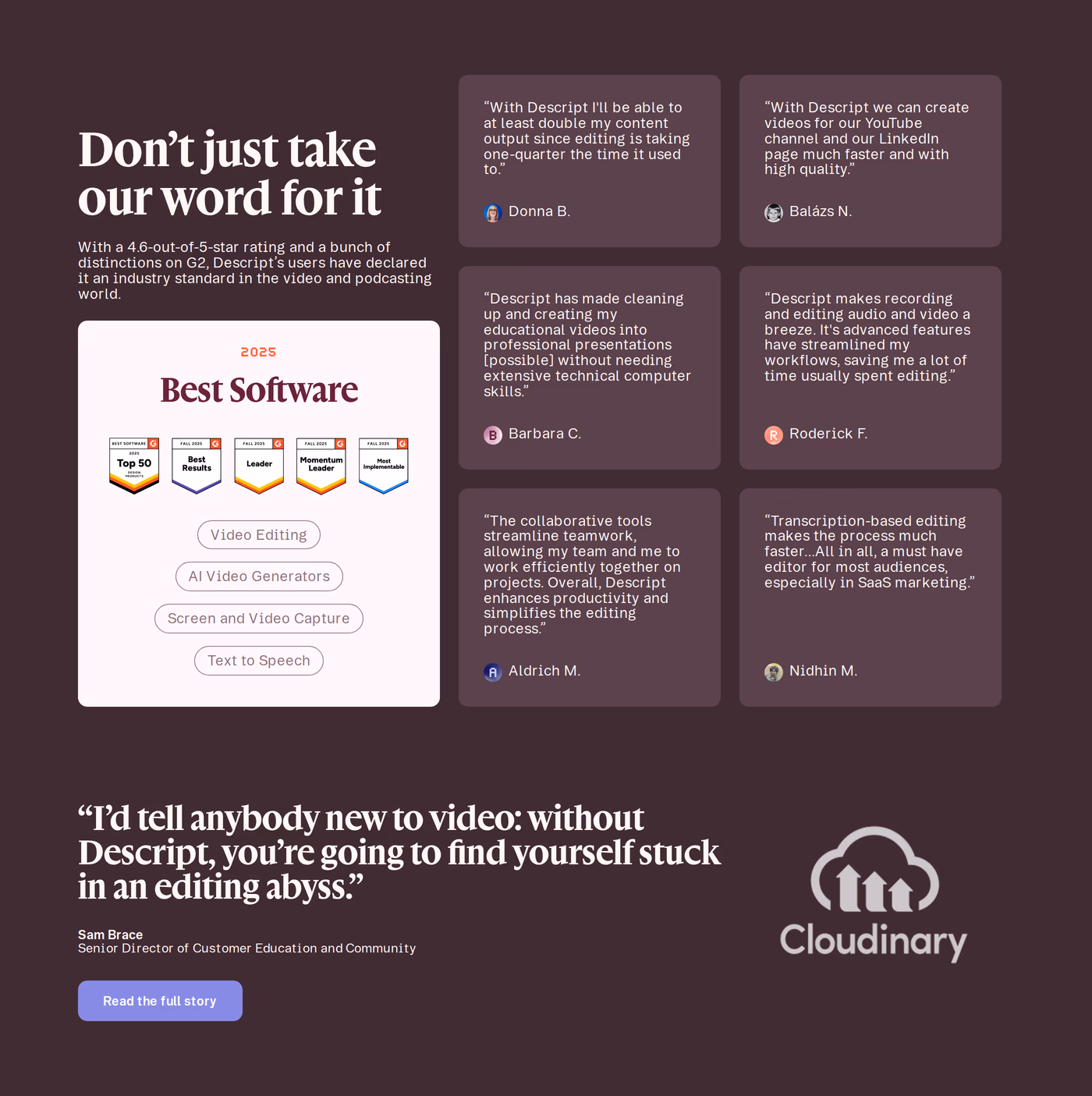Descript Testimonials section
