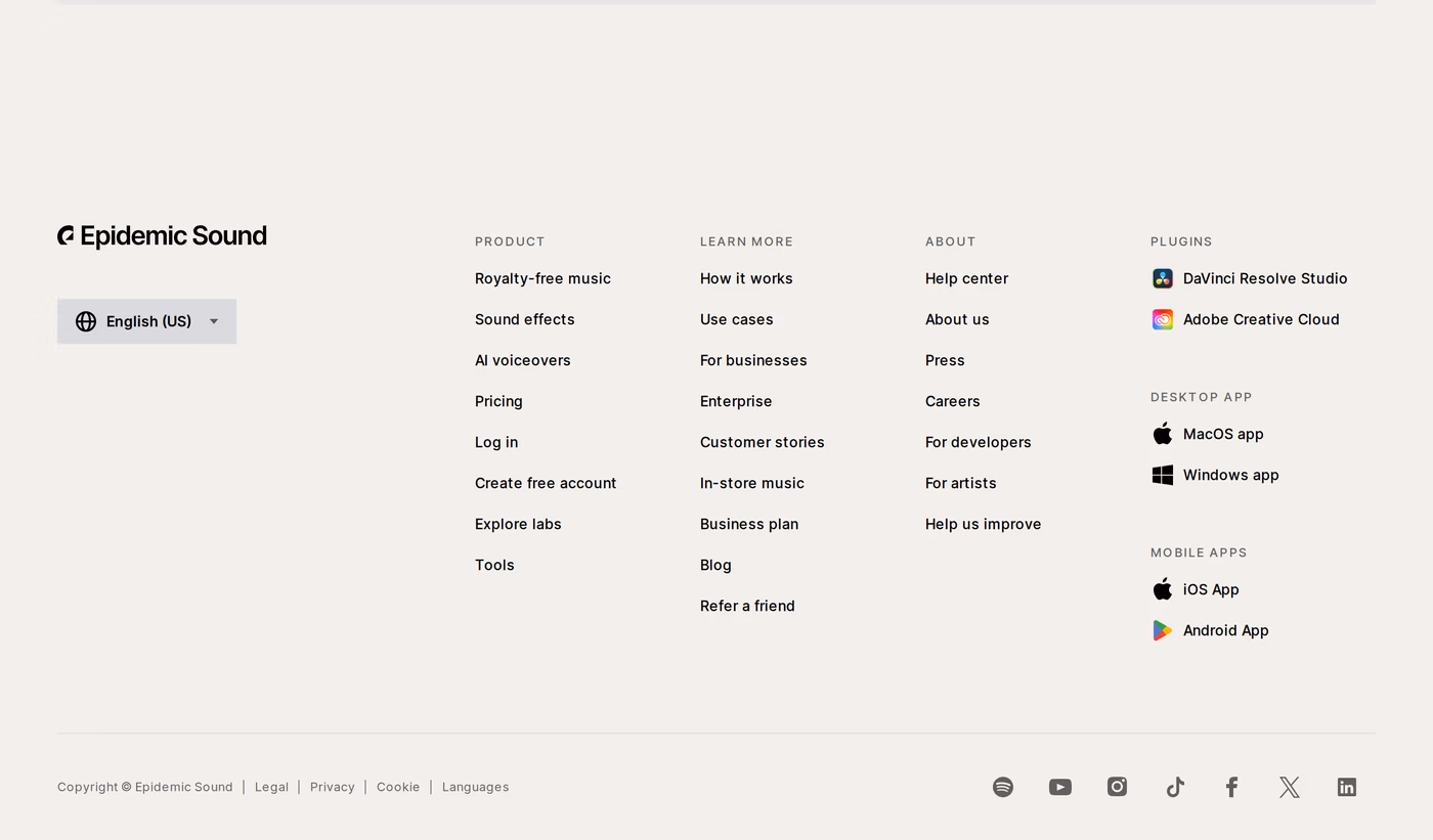 Epidemic Sound Footer section