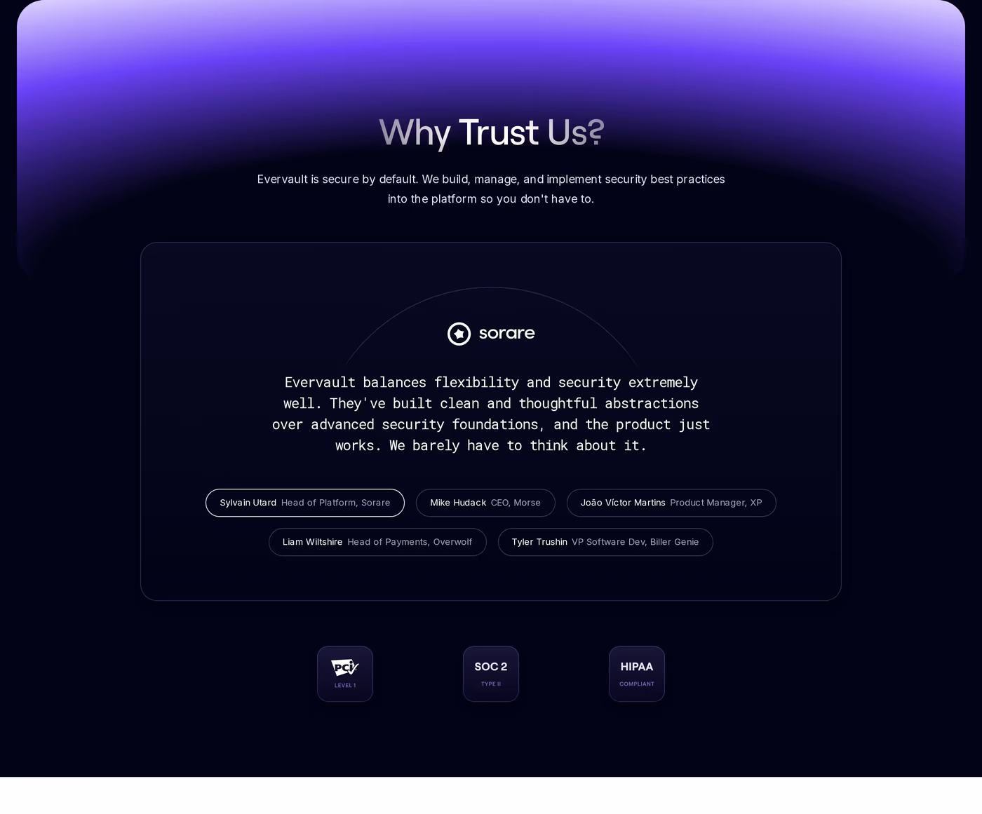 Evervault — screenshot of the testimonials section