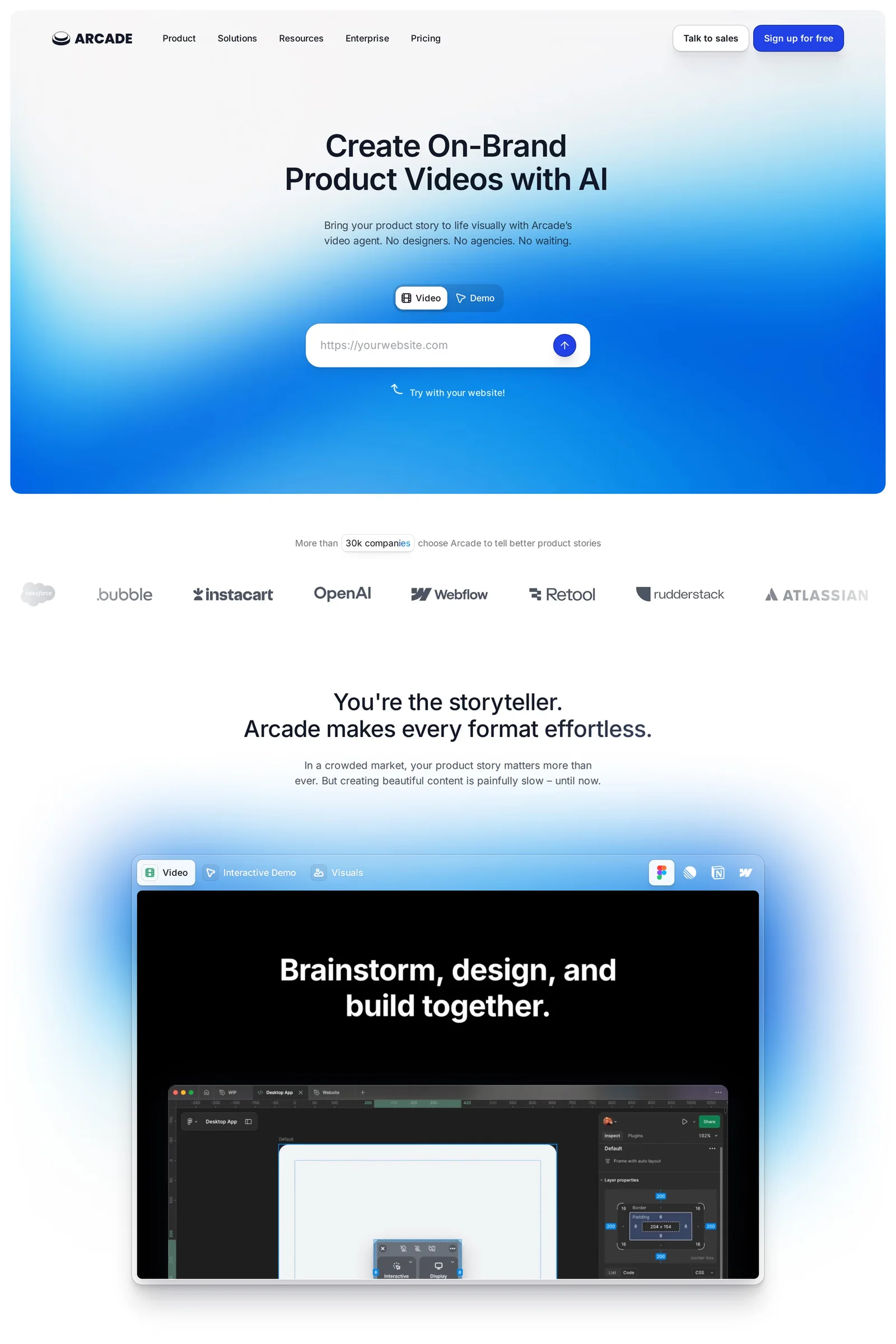 Arcade — screenshot of a clean AI landing page in white and light blue