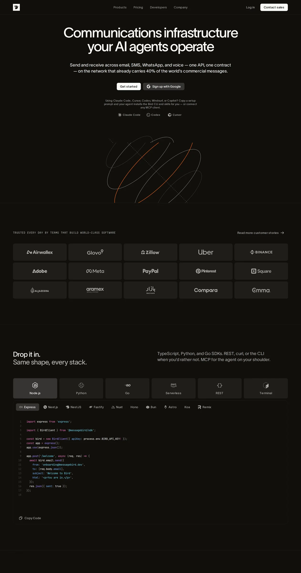 Bird — screenshot of a minimal marketing landing page in white and black