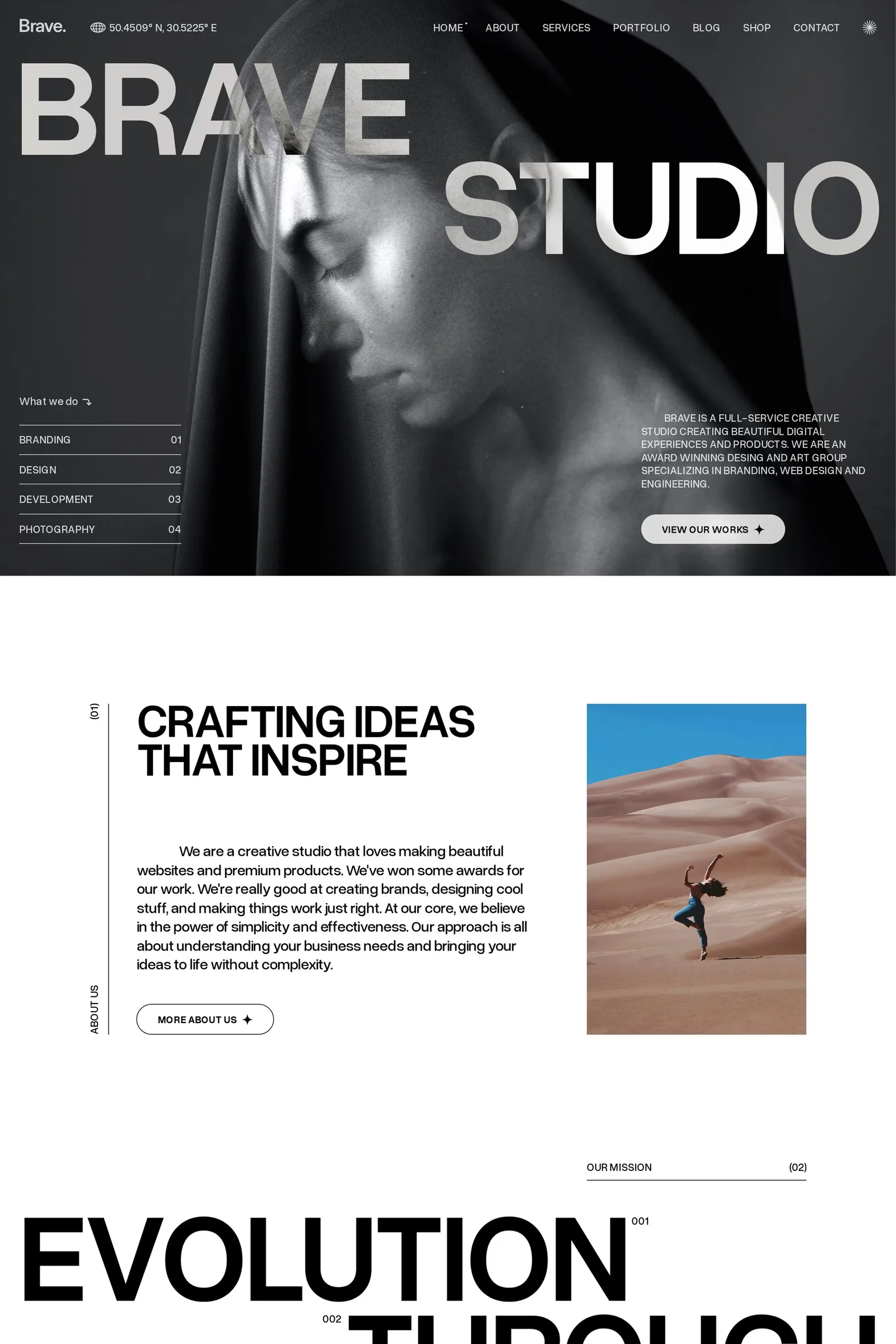 Brave Studio — screenshot of a typographic, black-and-white design agency template in white and black