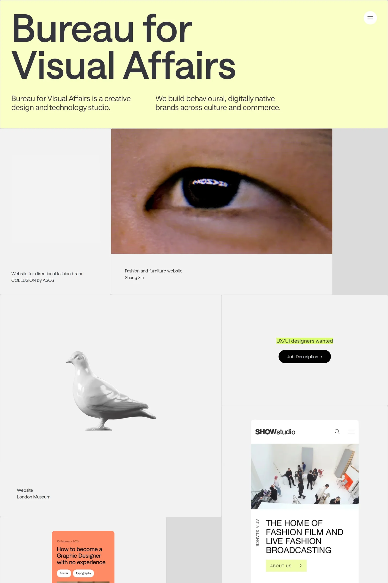 Bureau for Visual Affairs — screenshot of a design agency site in light green and white