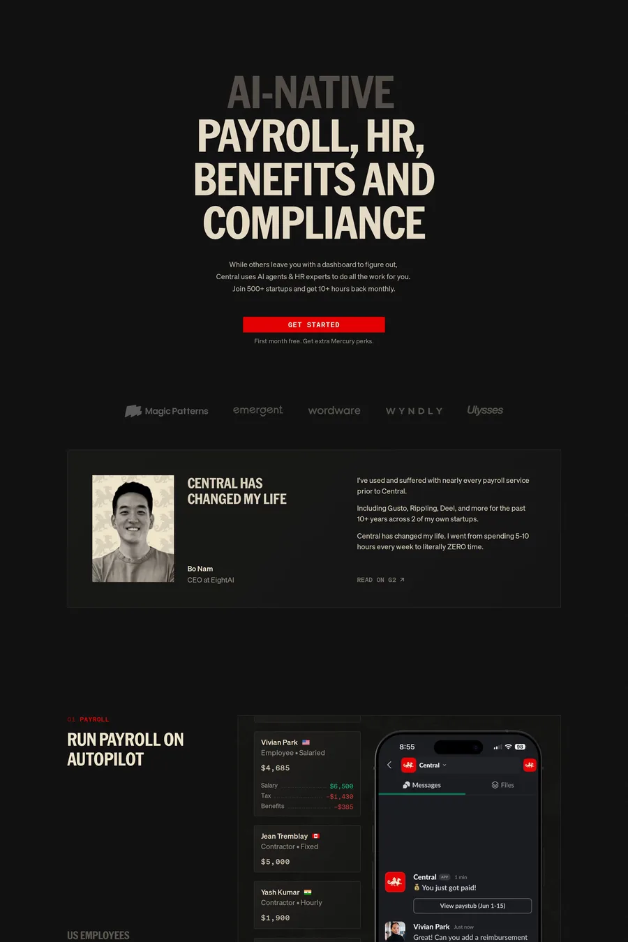 Central — landing website screenshot