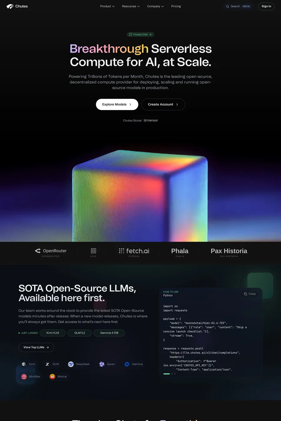 Chutes — landing website screenshot
