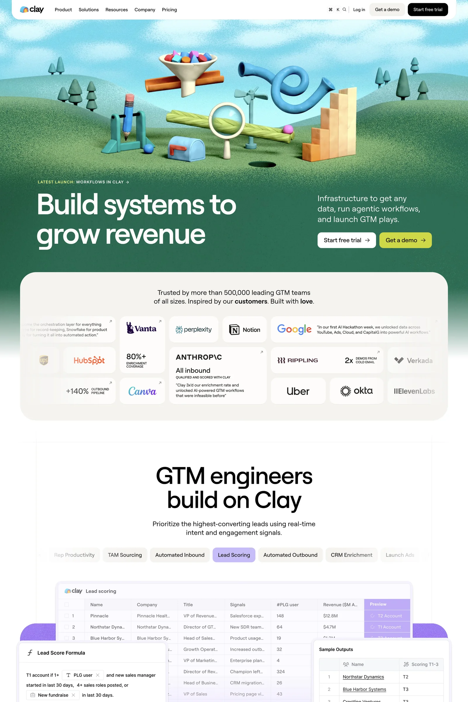 Clay — screenshot of a 3D, colourful marketing landing page in green and light blue
