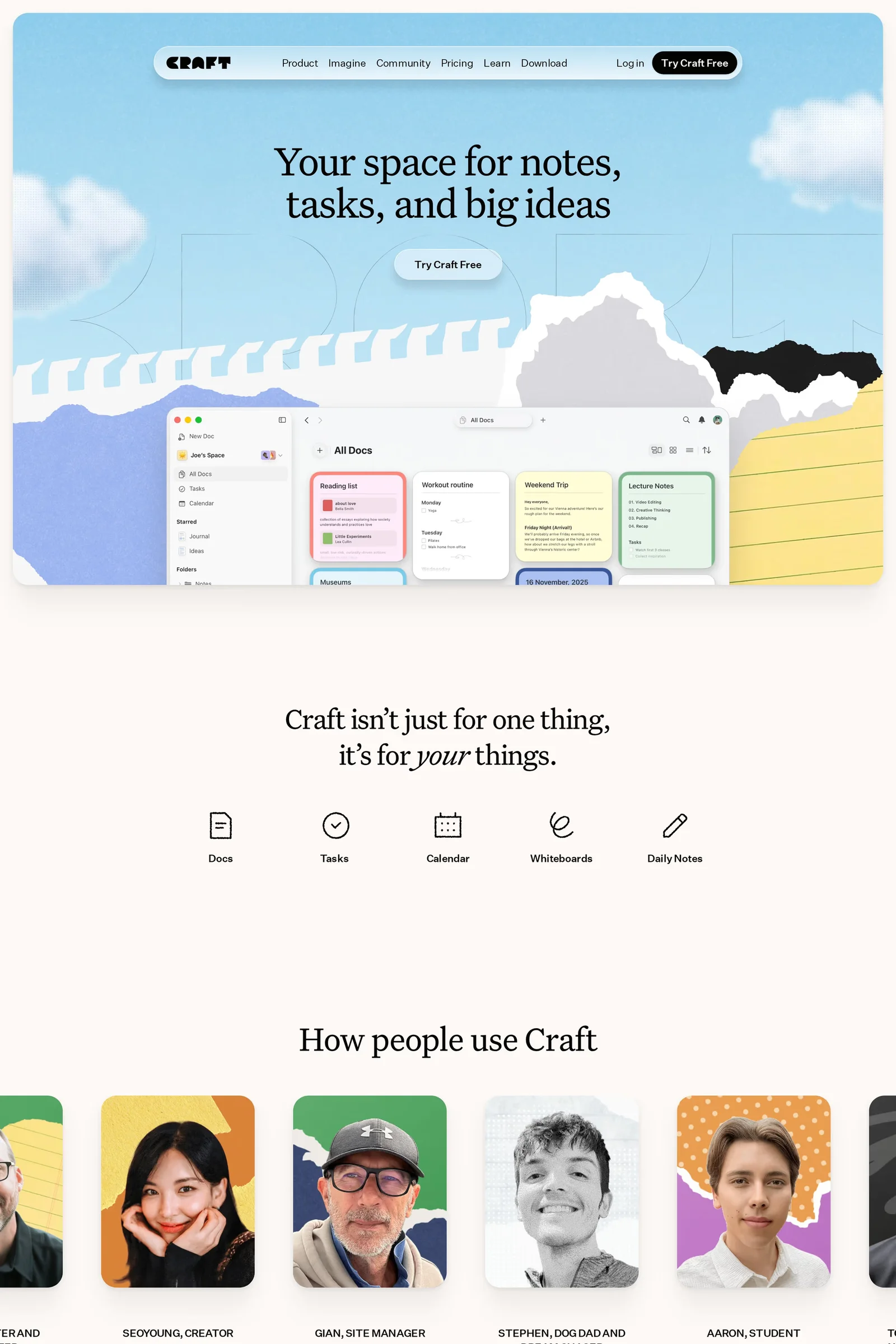 Craft — screenshot of a software landing page in dark blue and light orange, with a bento grid and sans-serif type