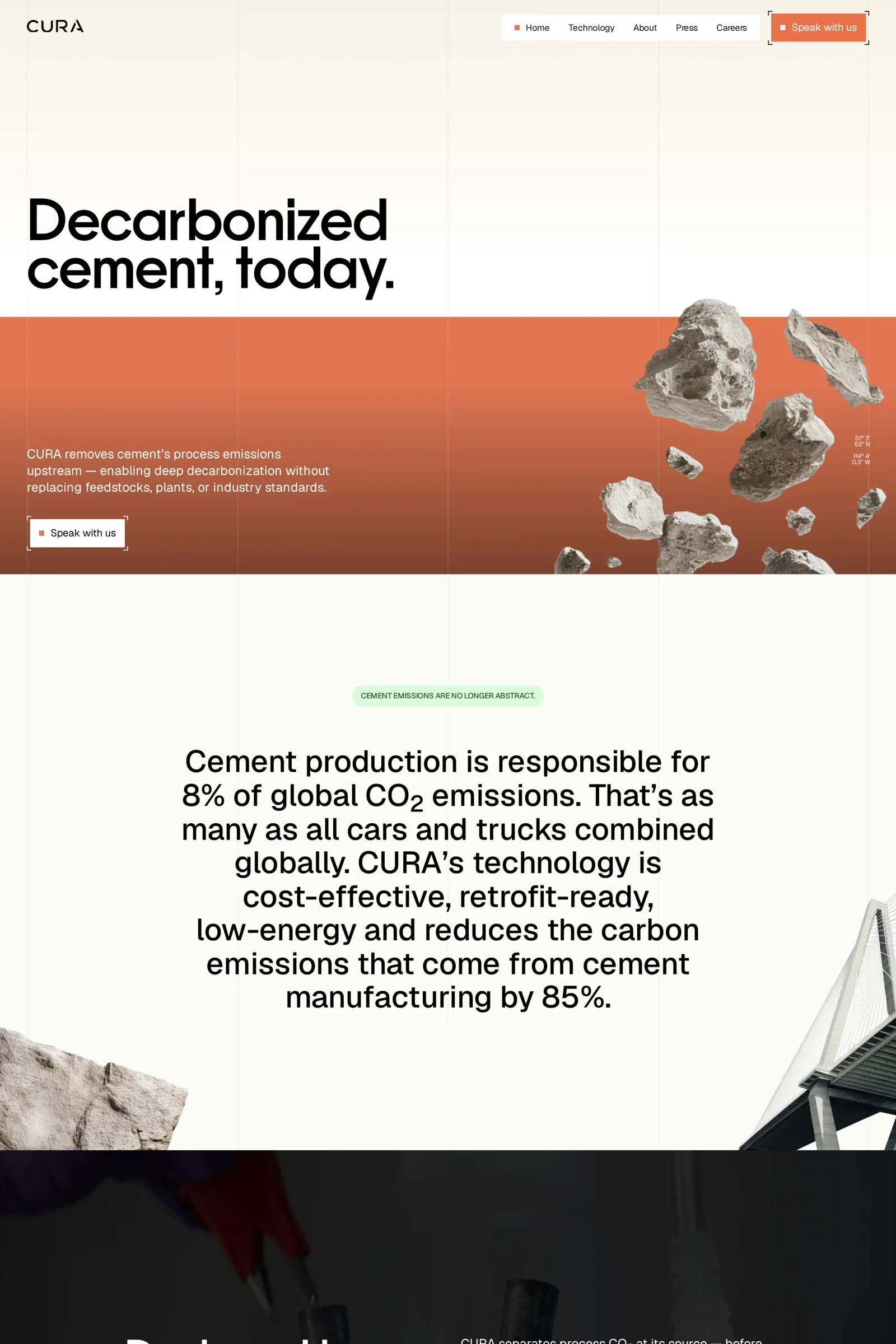 CURA Climate — screenshot of a typographic, neutral climate landing page in cream and dark orange