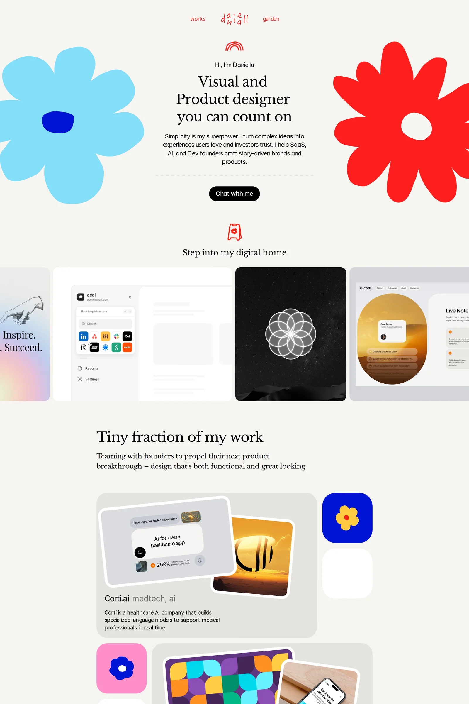 Daniella Marynova — screenshot of a fun, colourful design portfolio site in light grey and red