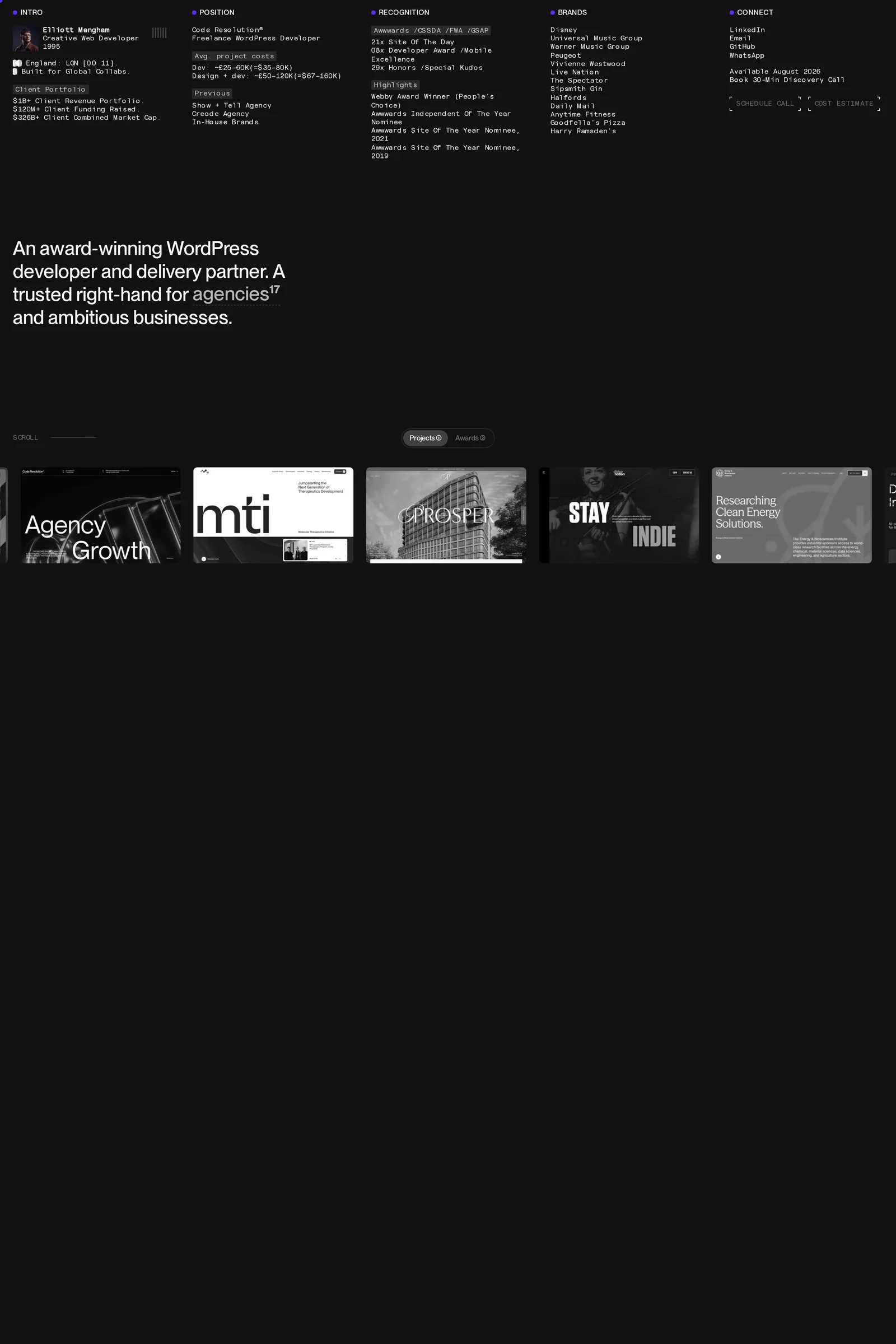 Elliott Mangham — screenshot of a dark development portfolio site in white and black