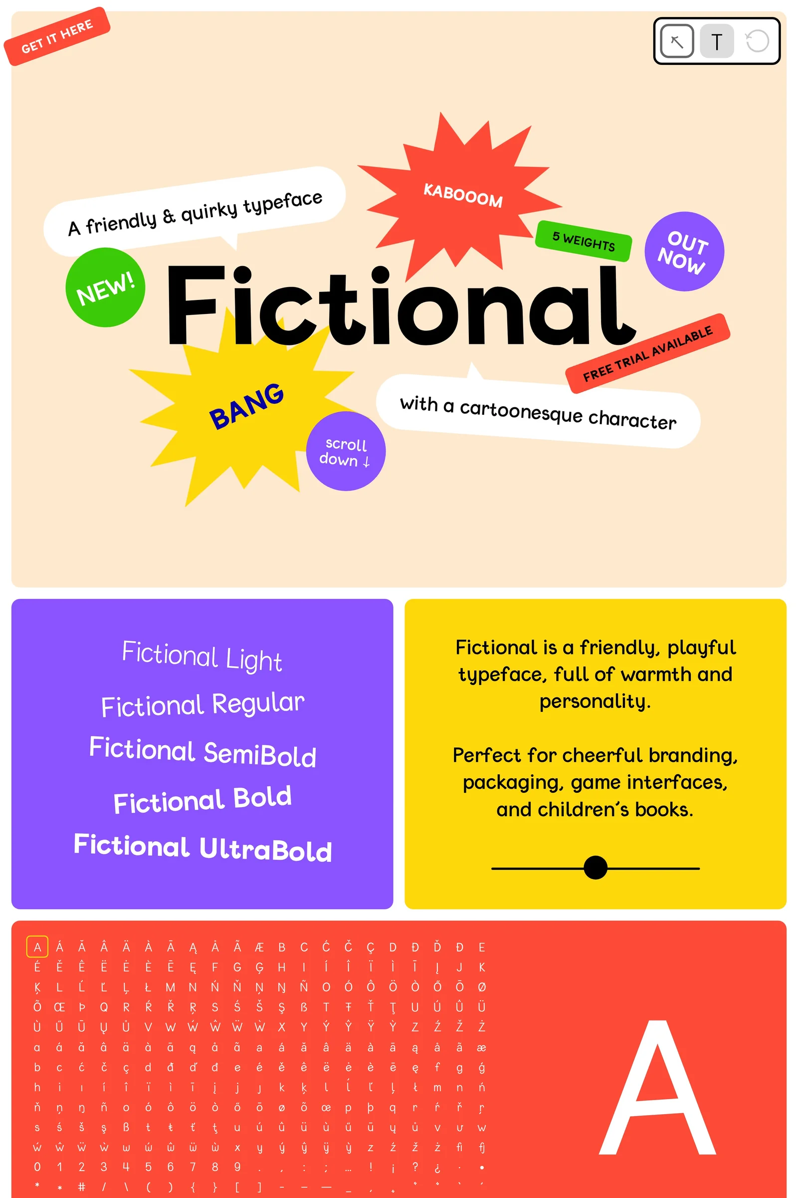 Fictional — screenshot of a fun, colourful design landing page in beige and red