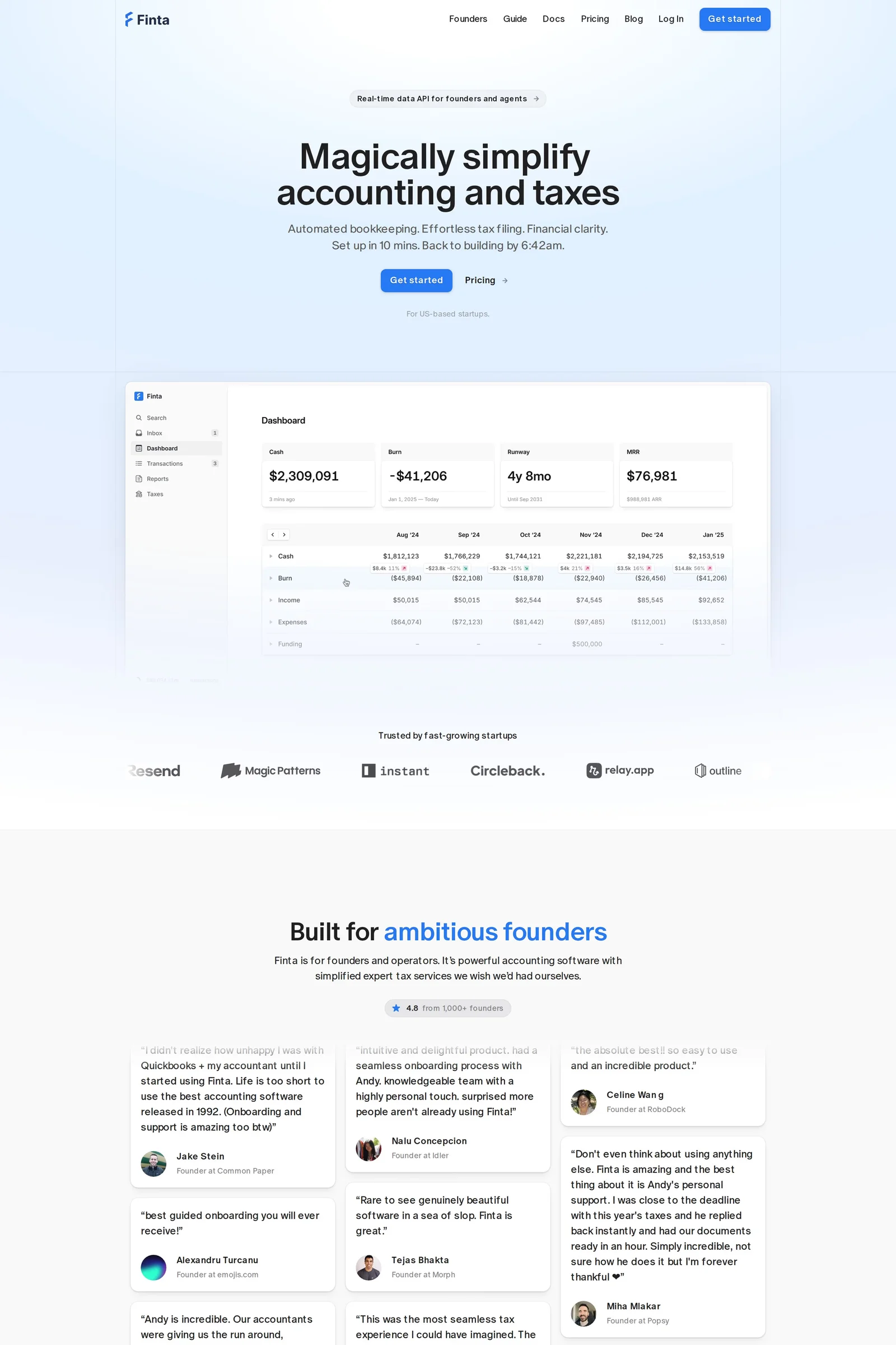 Finta — screenshot of a minimal, light business landing page in light blue and blue