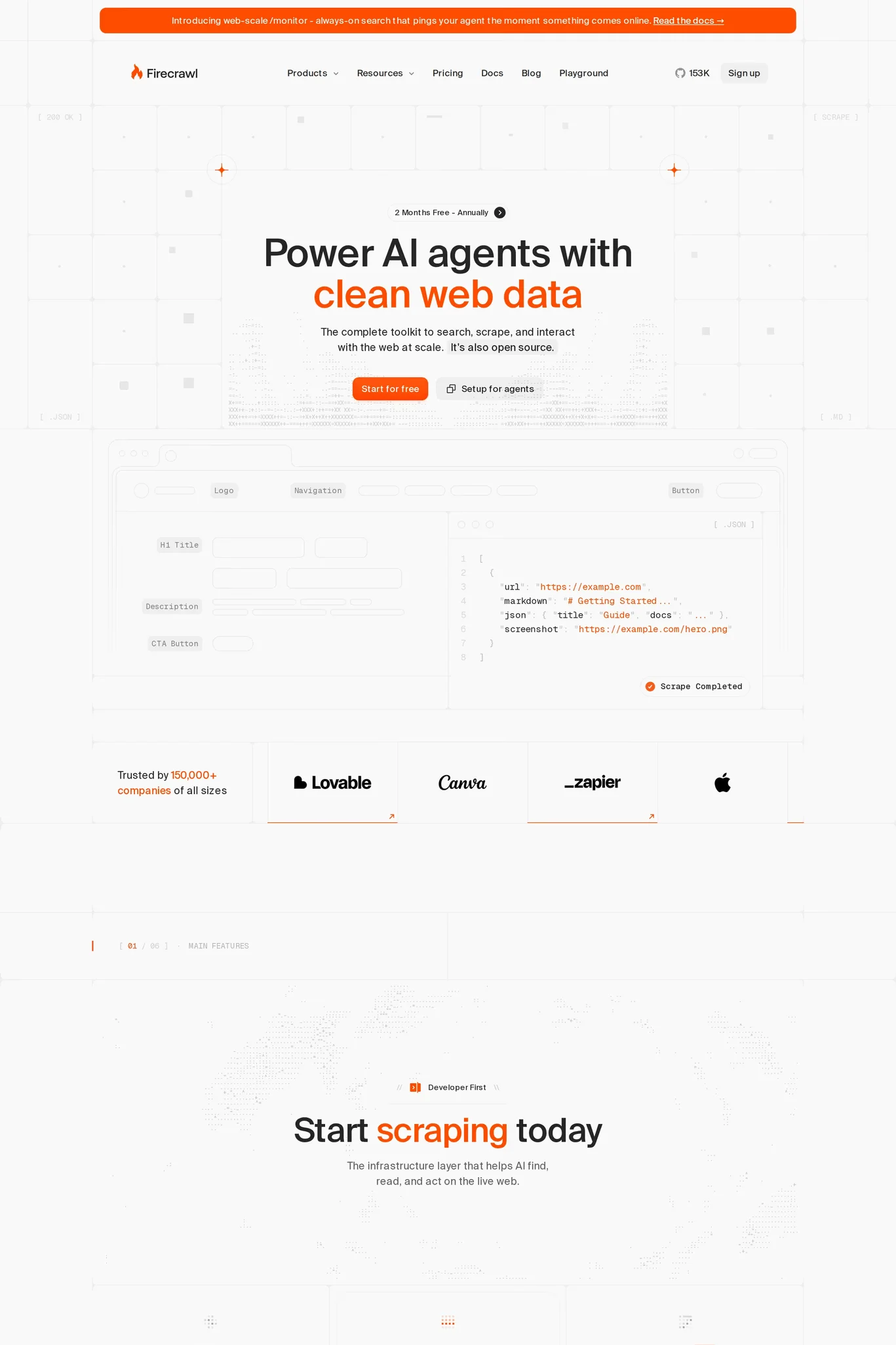 Firecrawl — screenshot of a detailed, techy development landing page in light grey and white
