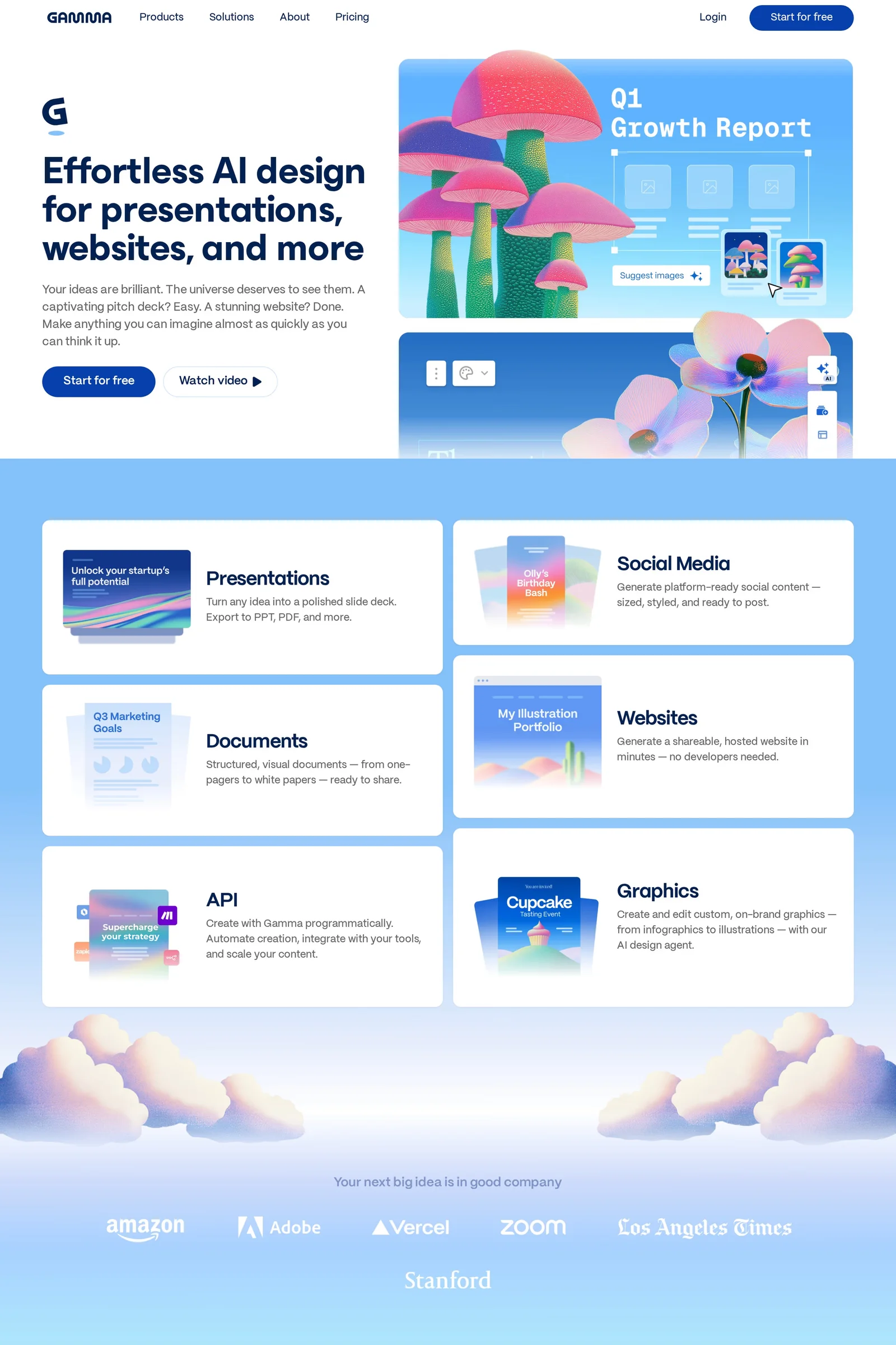 Gamma — screenshot of a productivity landing page in light blue and white, with illustration and patterns