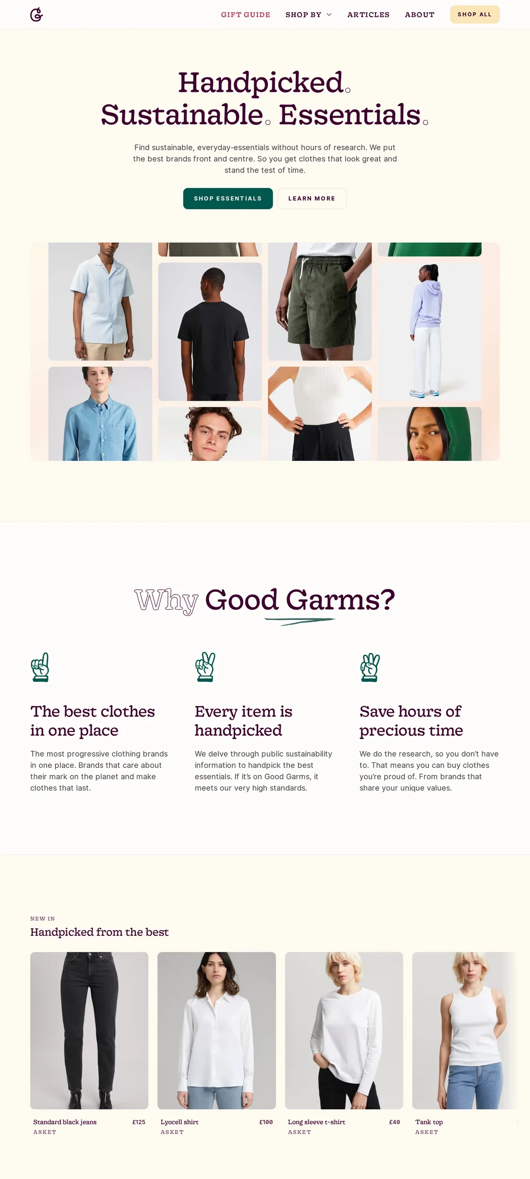 Good Garms — screenshot of a hand-drawn fashion landing page in cream and white