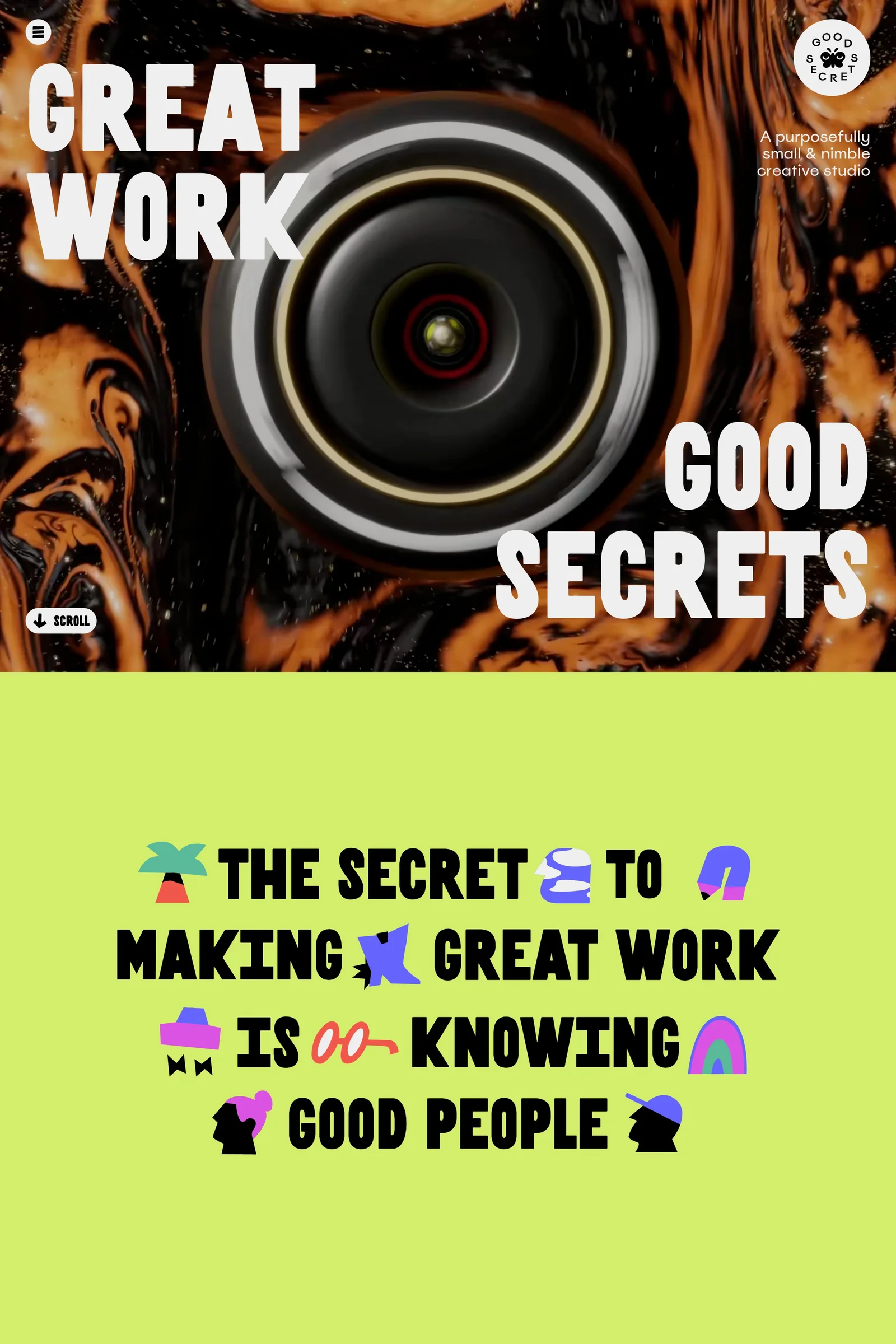 Good Secrets — screenshot of a typographic, fun design agency site in light green and white
