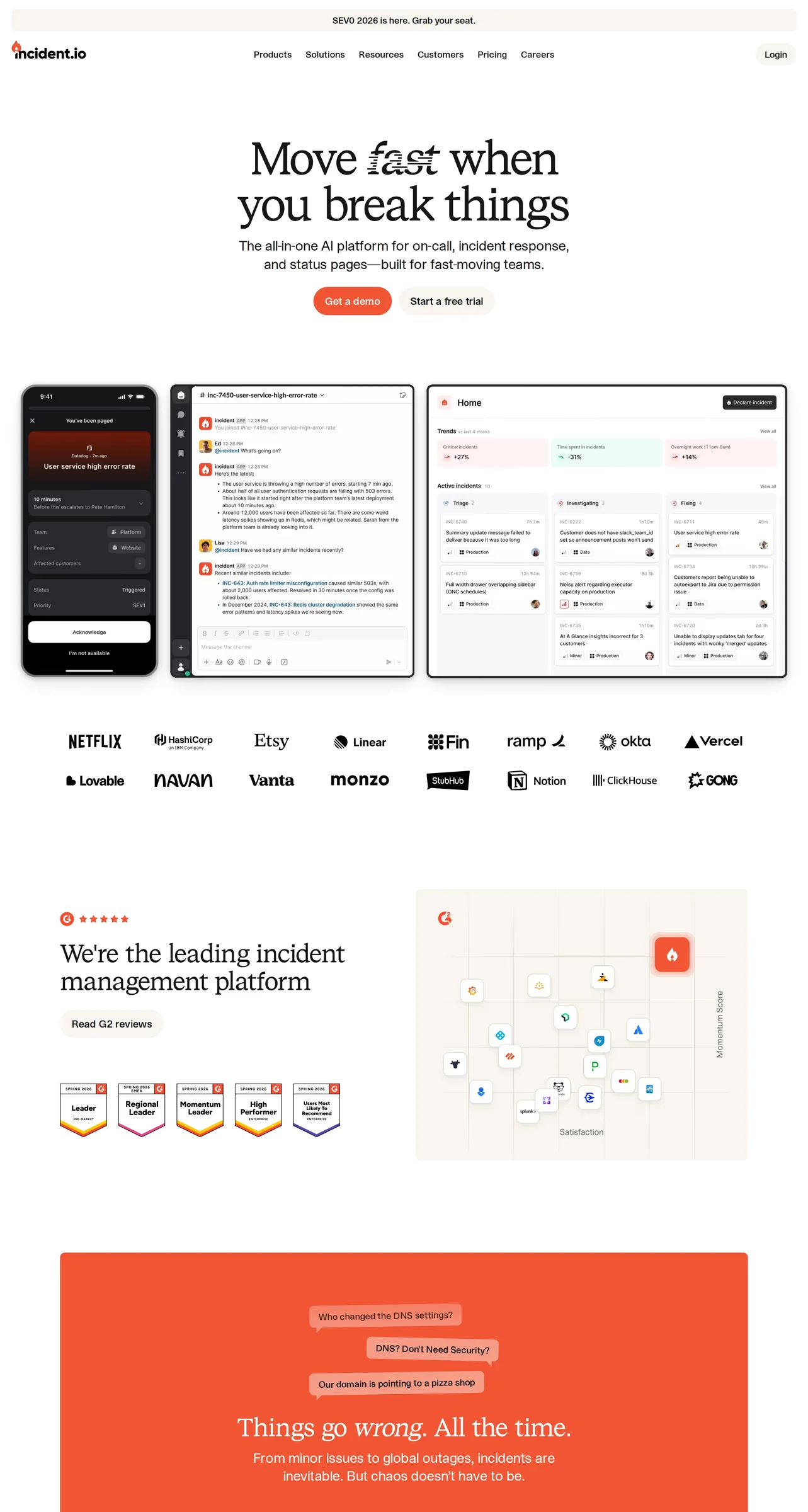 incident.io — screenshot of a minimal software landing page in orange and white