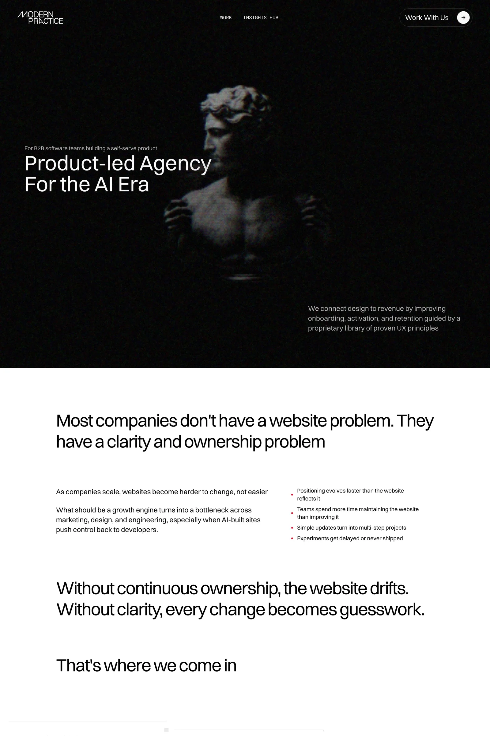 Modern Practice — screenshot of a dark, typographic design agency site in black and white