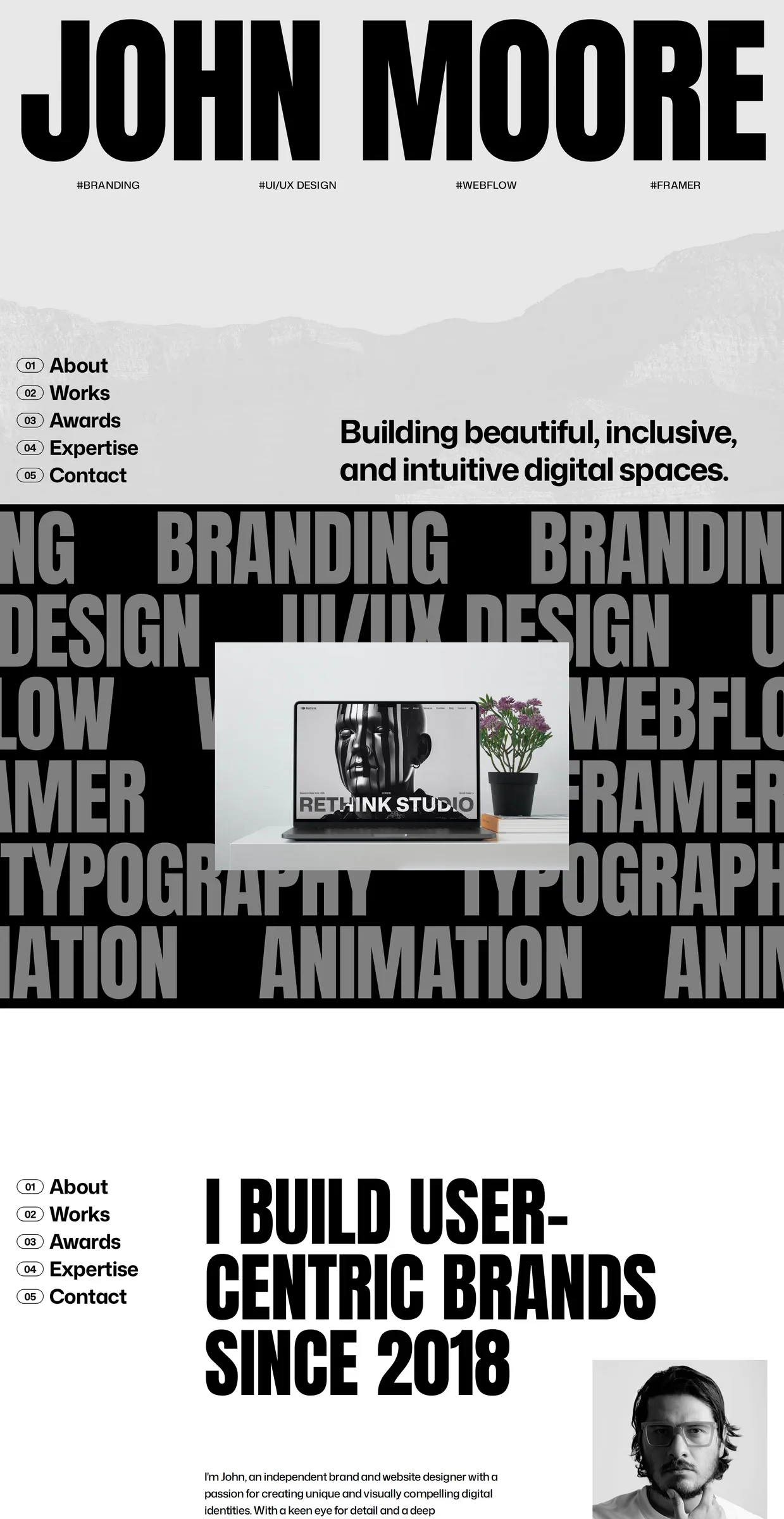 Moore — screenshot of a design portfolio template in grey and black, with big type and blend modes