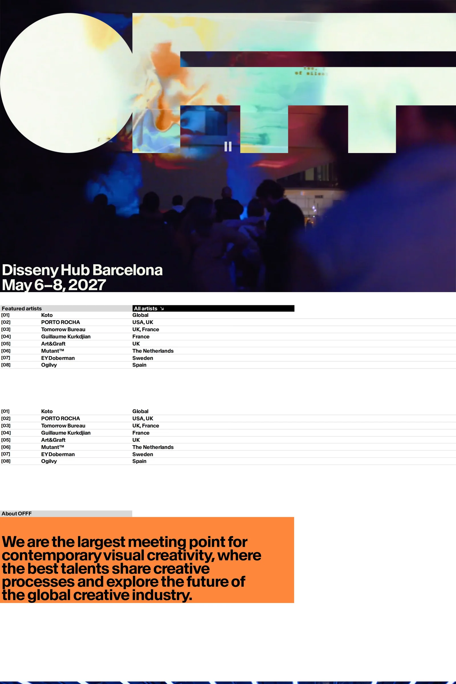 OFFF 2025 — screenshot of a colourful events landing page in blue and red