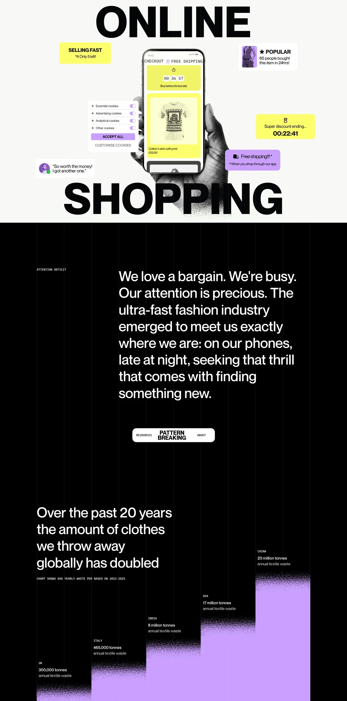 Pattern Breaking — screenshot of a colourful, noisy design agency site in light grey and yellow