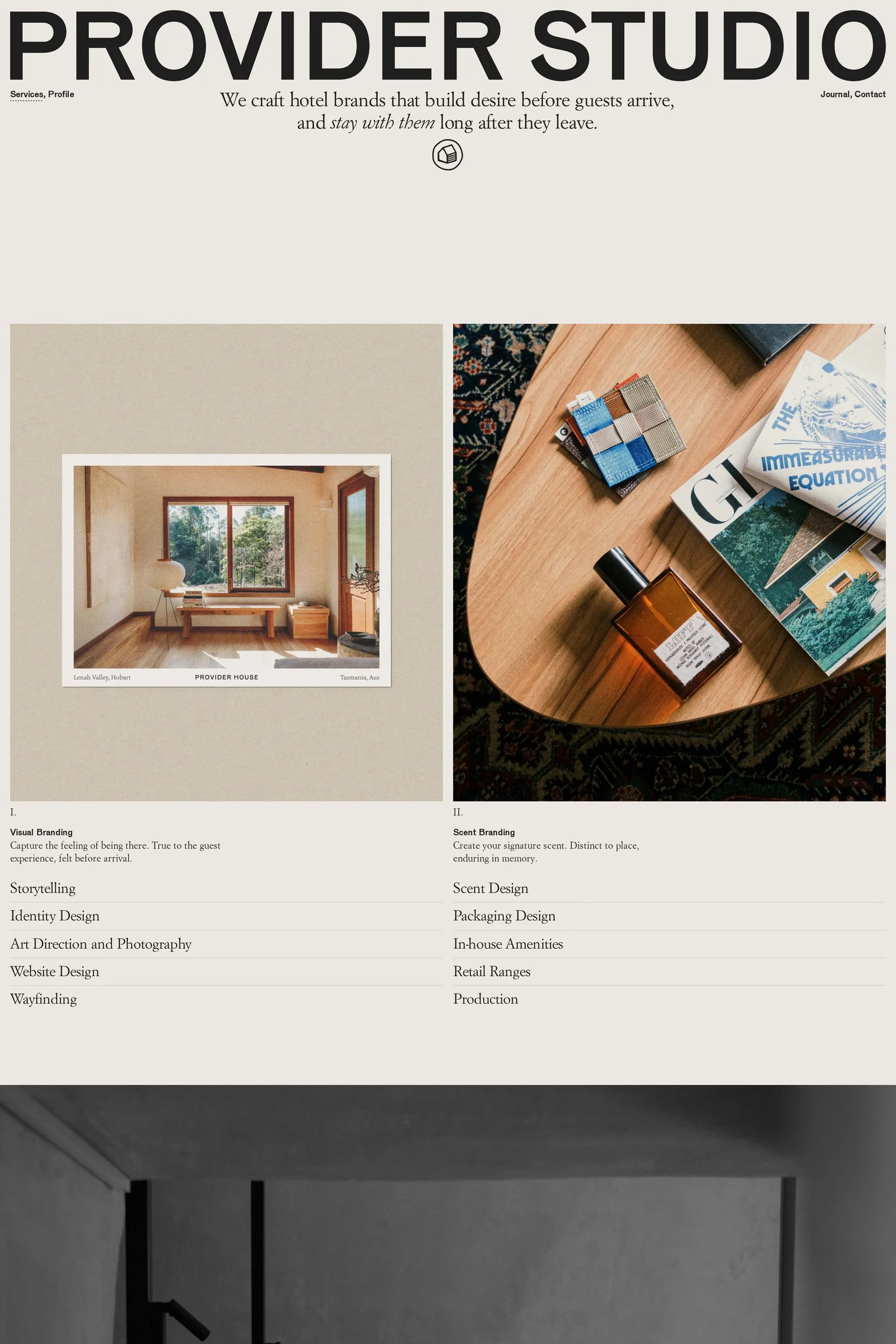 Provider — screenshot of a minimal, typographic design agency site in cream and black