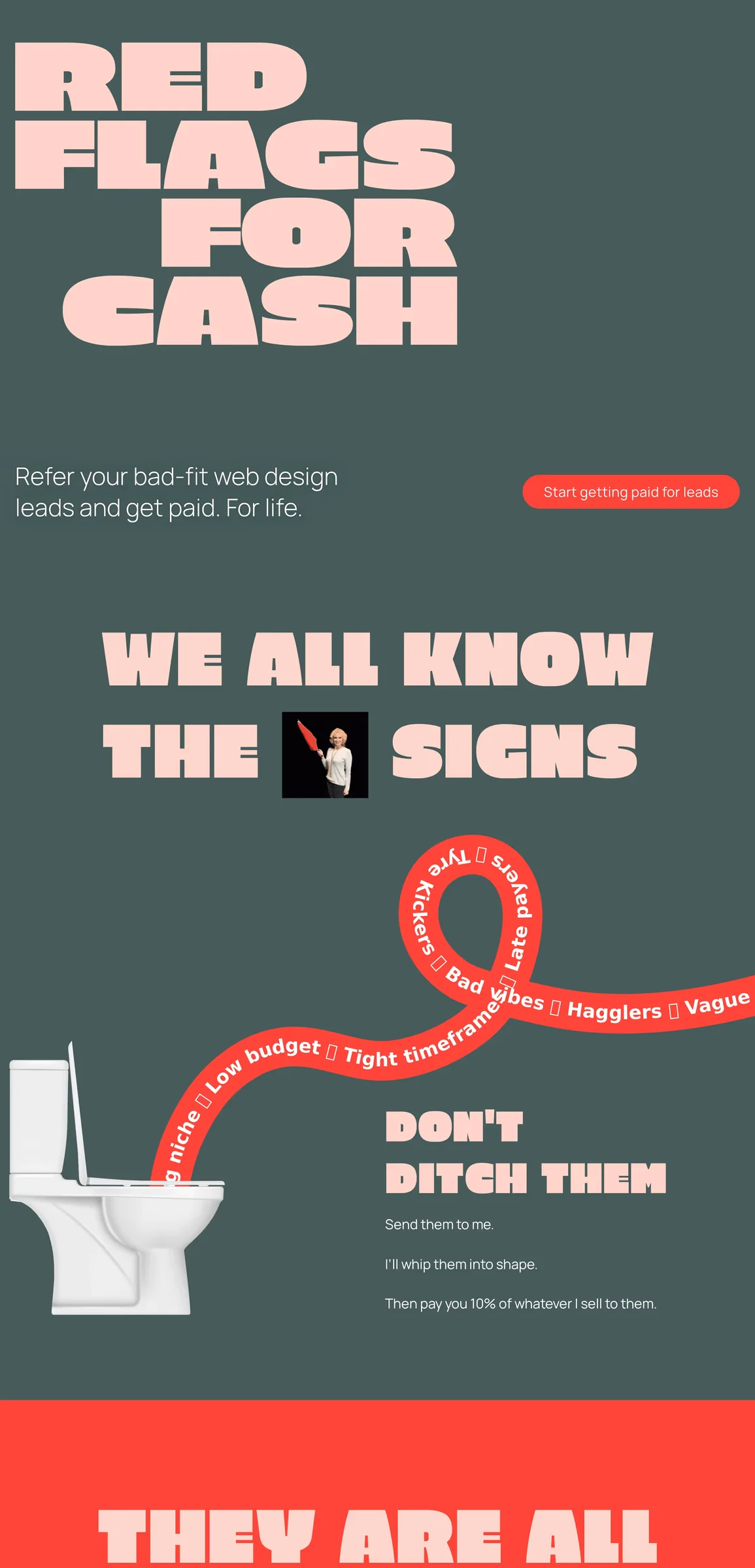 Red Flags For Cash — screenshot of a 3D marketing landing page in dark green and red