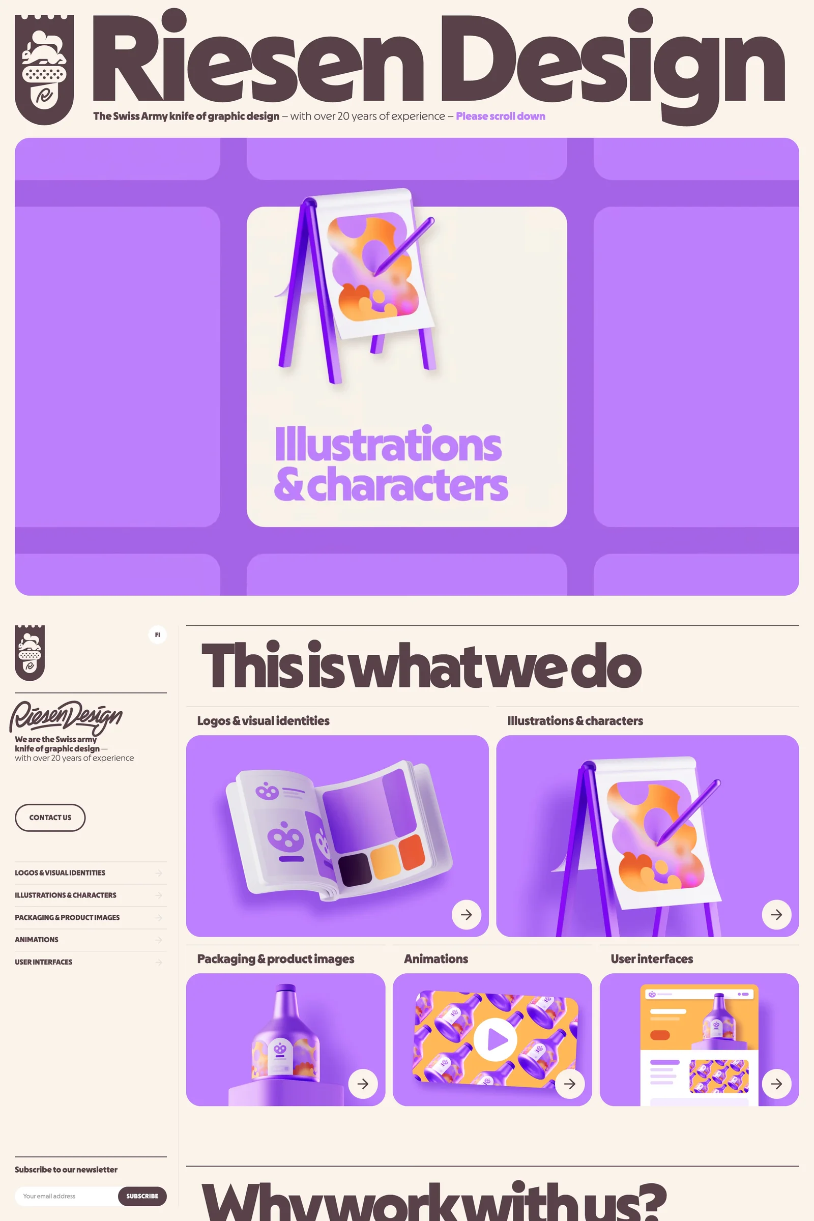 Riesen Design — screenshot of a colourful, fun design agency site in cream and dark brown