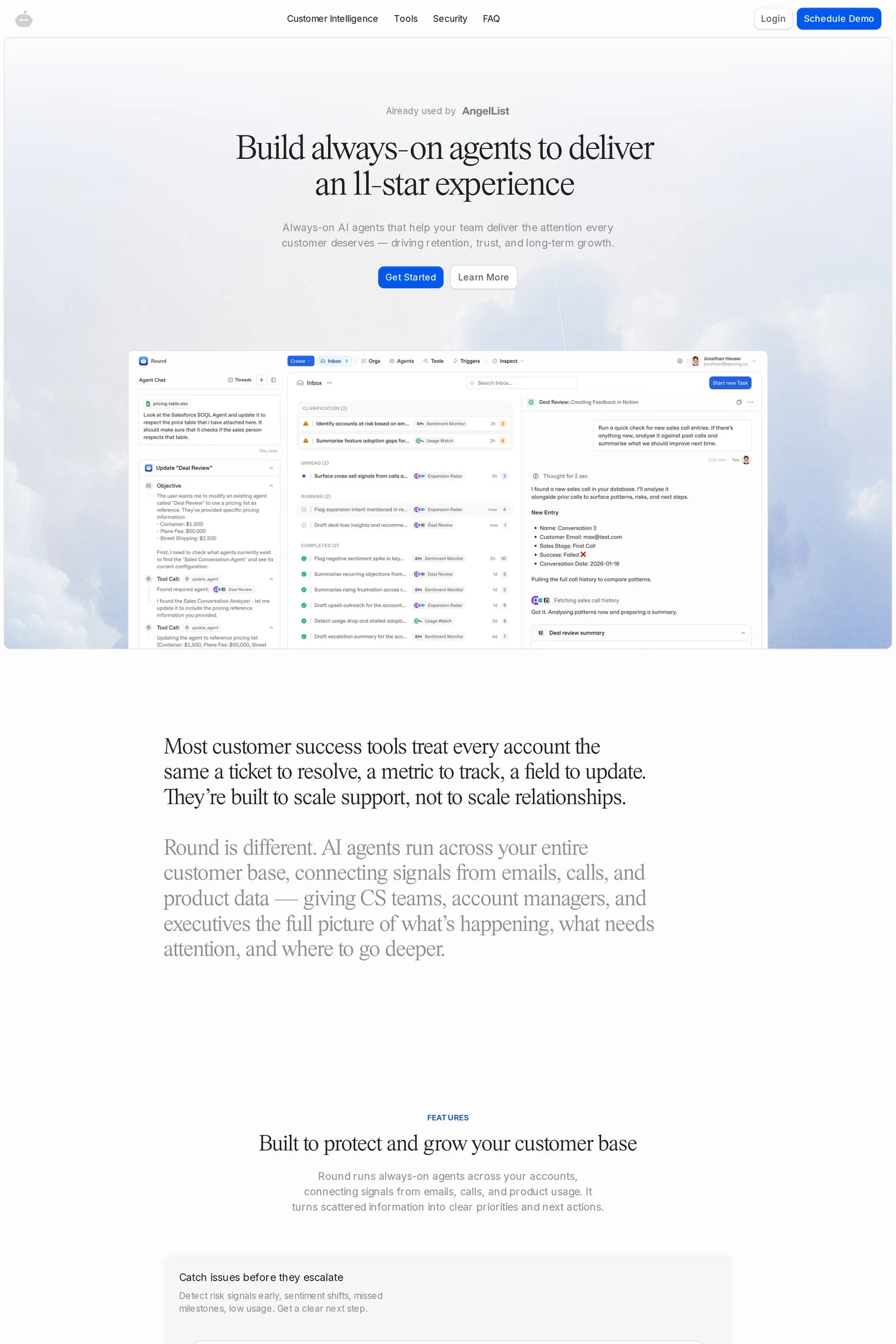 Round — screenshot of a minimal, light AI landing page in white and light blue