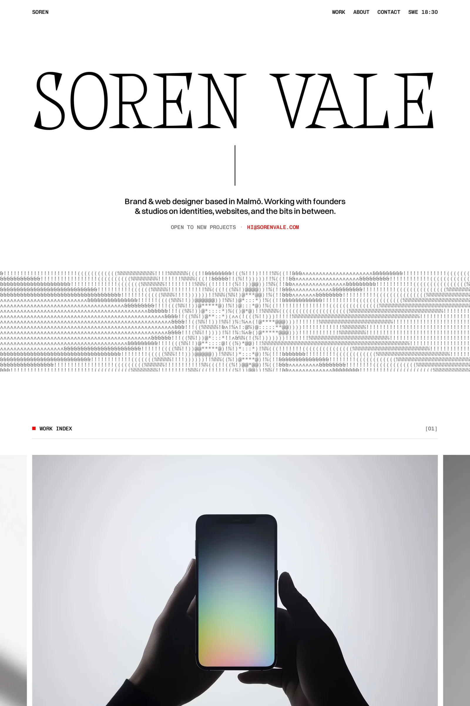 Soren — screenshot of a typographic, minimal design portfolio template in white and black