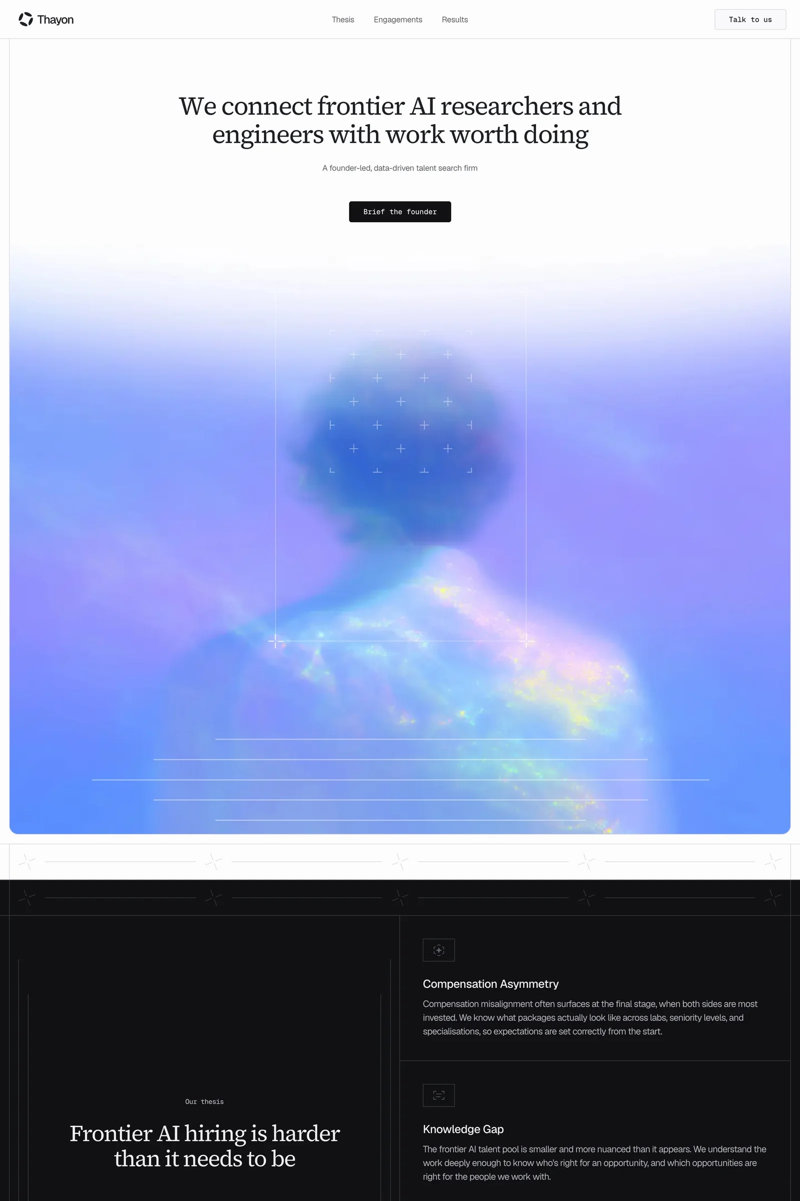 Thayon — screenshot of a minimal, typographic AI agency site in white and light purple