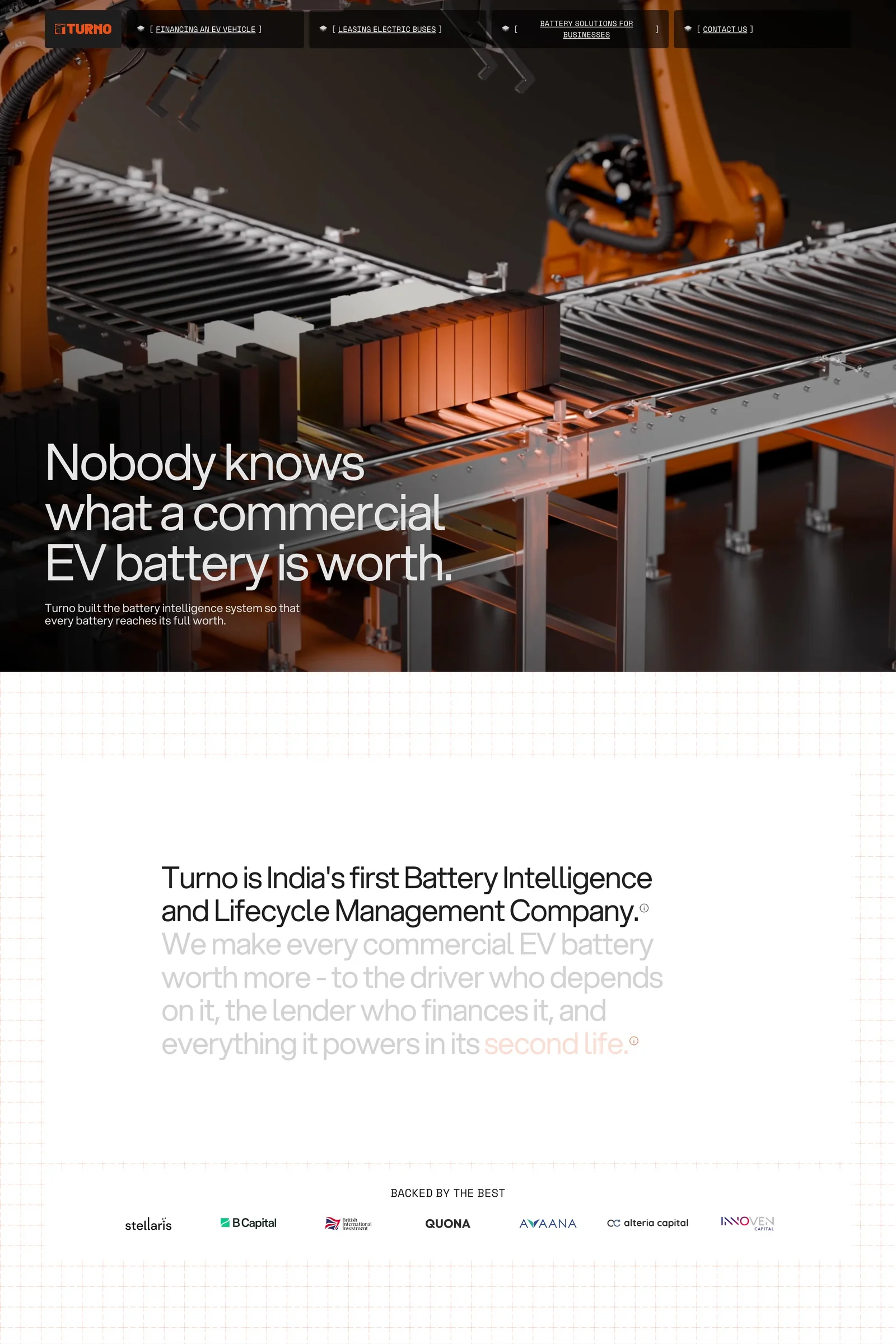 Turno — screenshot of a dark, 3D transport landing page in dark grey and black