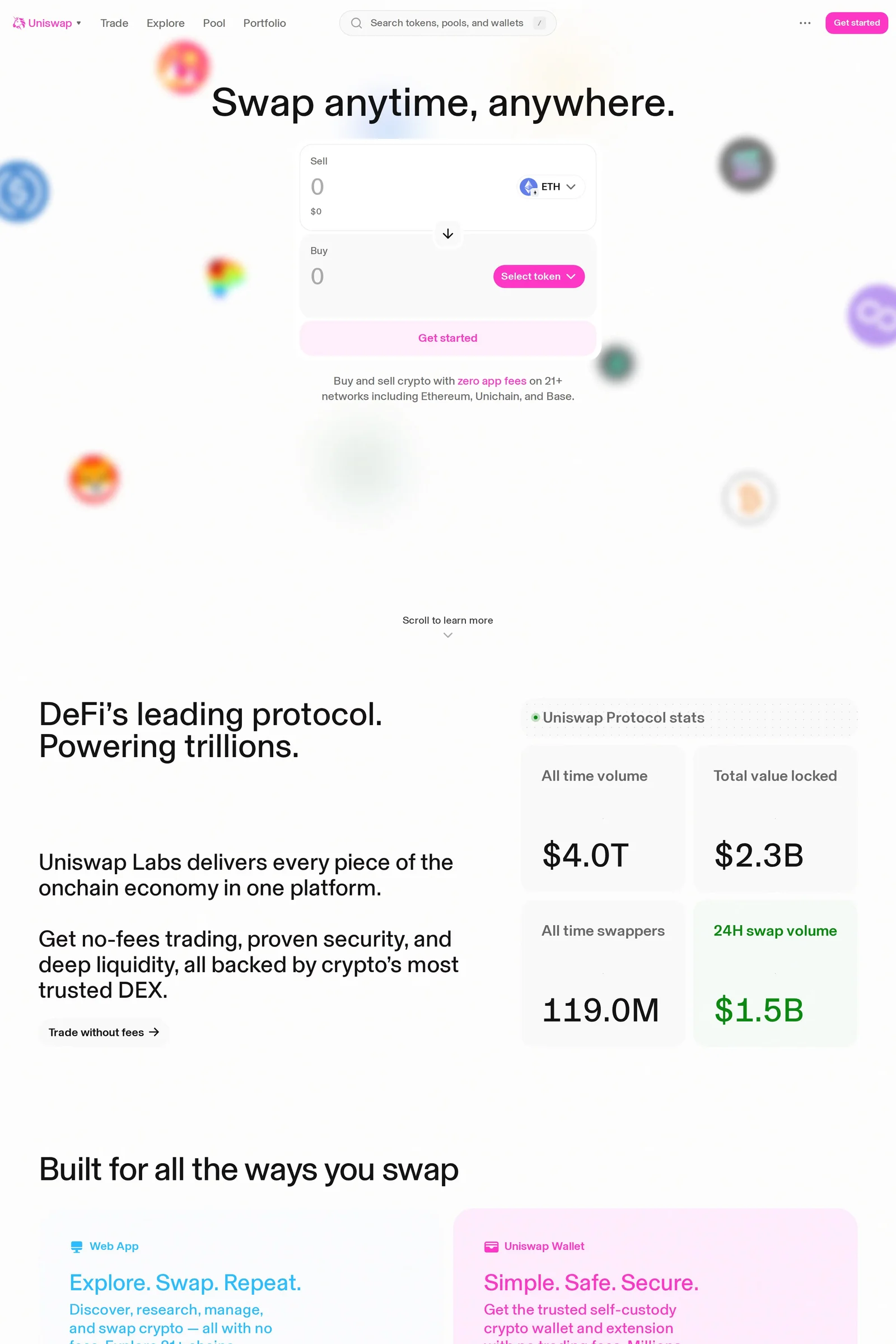 Uniswap — screenshot of a colourful Web3 and crypto landing page in light pink and black