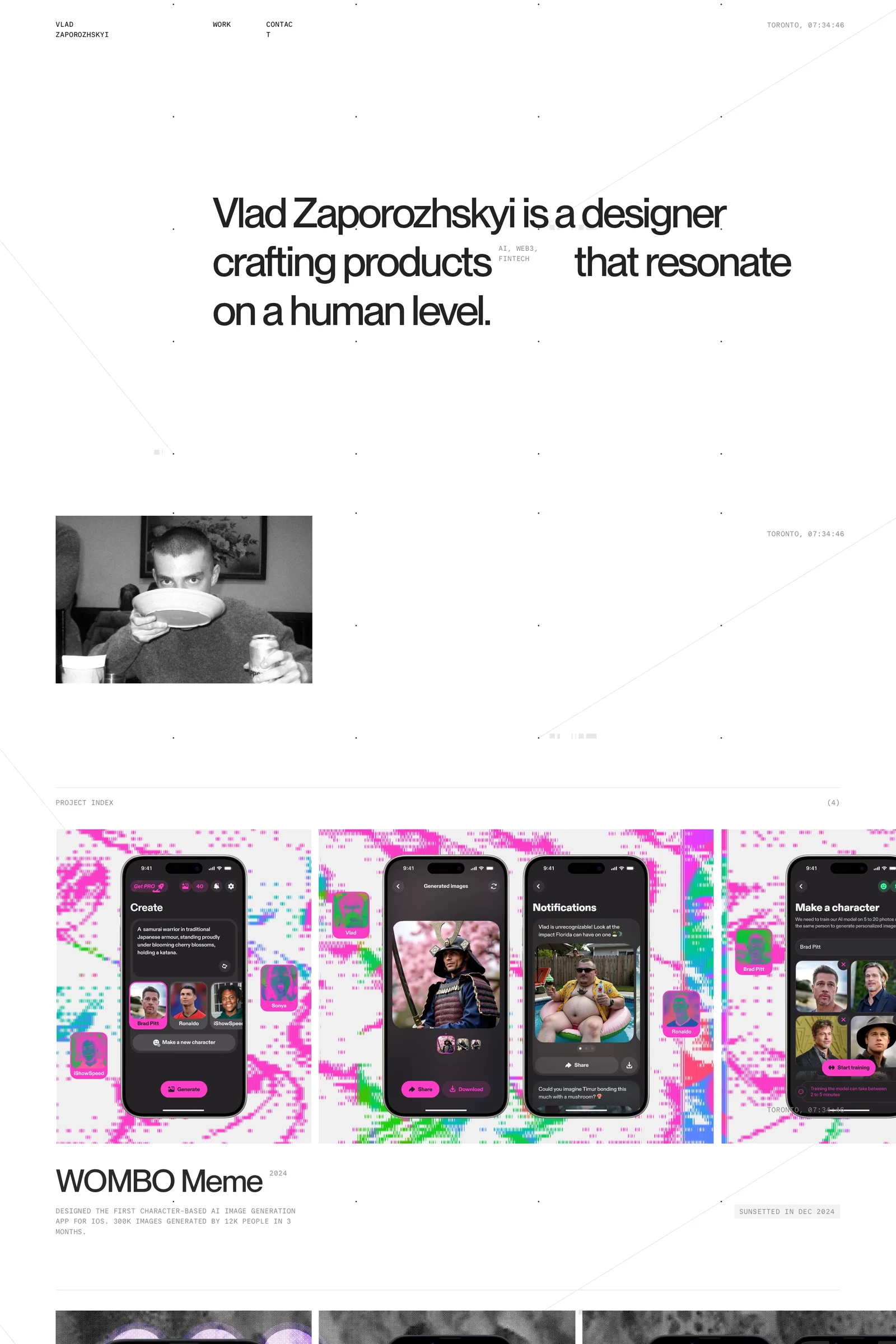 Vlad Zaporozhskyi — screenshot of a minimal design portfolio site in white and light grey