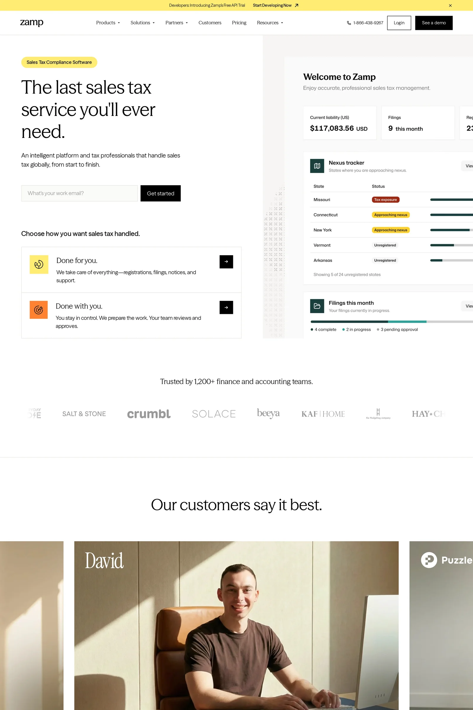 Zamp — screenshot of a detailed, colourful finance landing page in yellow and white